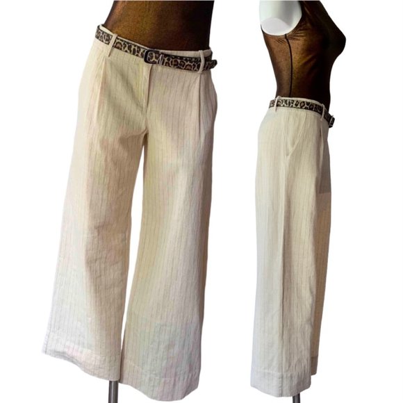 Bloomingdales pleated wide leg pinstripe cream linen pants trousers - size 6 - Picture 6 of 10